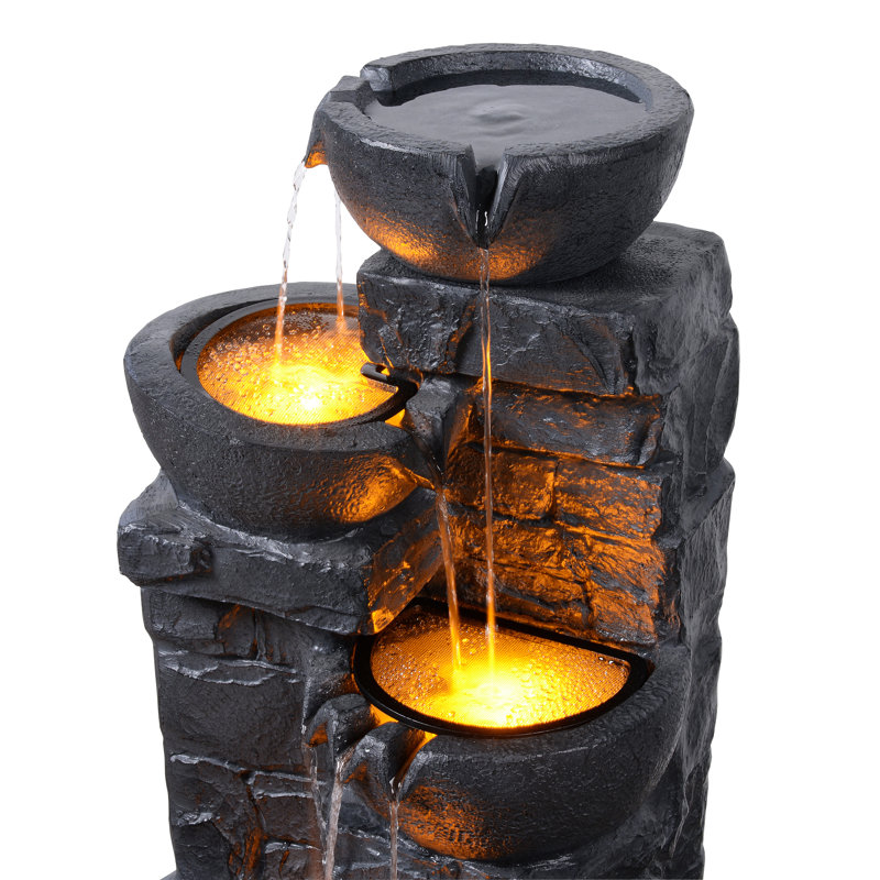 Cuvier Cascading Bowls & Stacked Stones Outdoor Water Fountain with Built-In LED Lights, Dark Gray