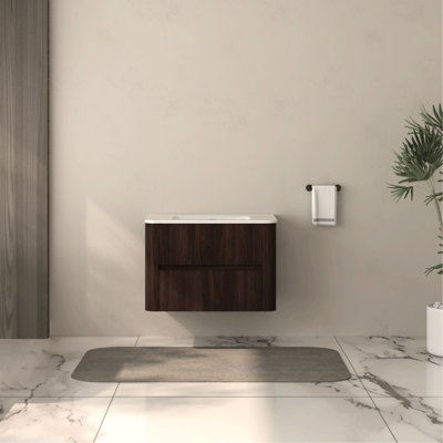 30" Bathroom Vanity With Two Drawers And White Ceramic Integrated Sink, Wall Mounted, Dark Walnut, American Design, -, Easy To Clean Keep Mounted Soft-Close Drawers, - Plywood, Hassle- Installation