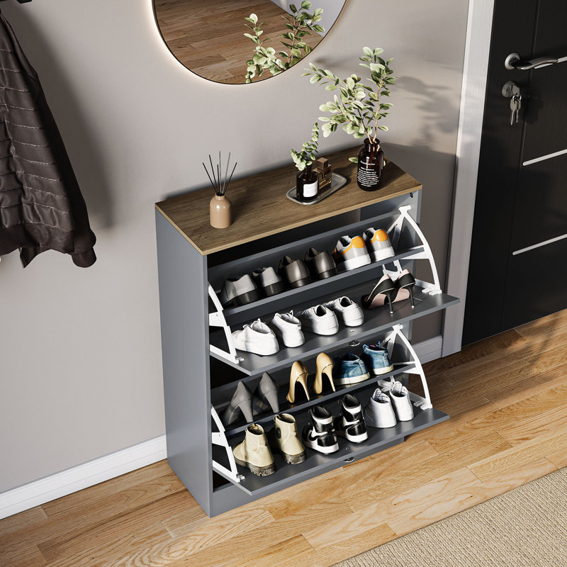 2 Drawer Shoe Cabinet with Top Modern Shoe Storage For Hallway Living Room & Bedroom, Grey/Oak
