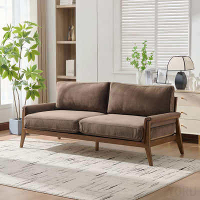 Mid-Century Modern Velvet Fabric Sofa With Solid Wood Frame, Comfortable Cushions, 3-Seater Upholstered Couch For Living Room,Dark Brown