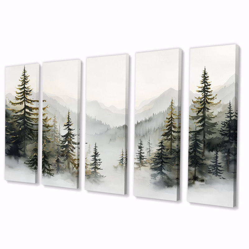 «Green Pine Trees Mist Morning III», ensemble d'art mural sur toile de pin, H 28 po x l 60 po
