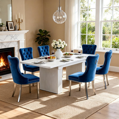5-Piece Farmhouse Extendable Dining Table Set with 4 Upholstered Chairs, 63"-79" Wood Kitchen Table w/Fluted Base, Space-Saving Dining Room Table Chai