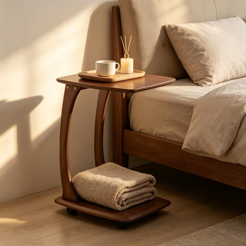 Table de bout en C en forme de C avec roulettes, table d'appoint avec plateau télé mobile pour le salon et la chambre à coucher, table en C en bois d'hévéa massif avec roulettes pivotantes, assemblage facile