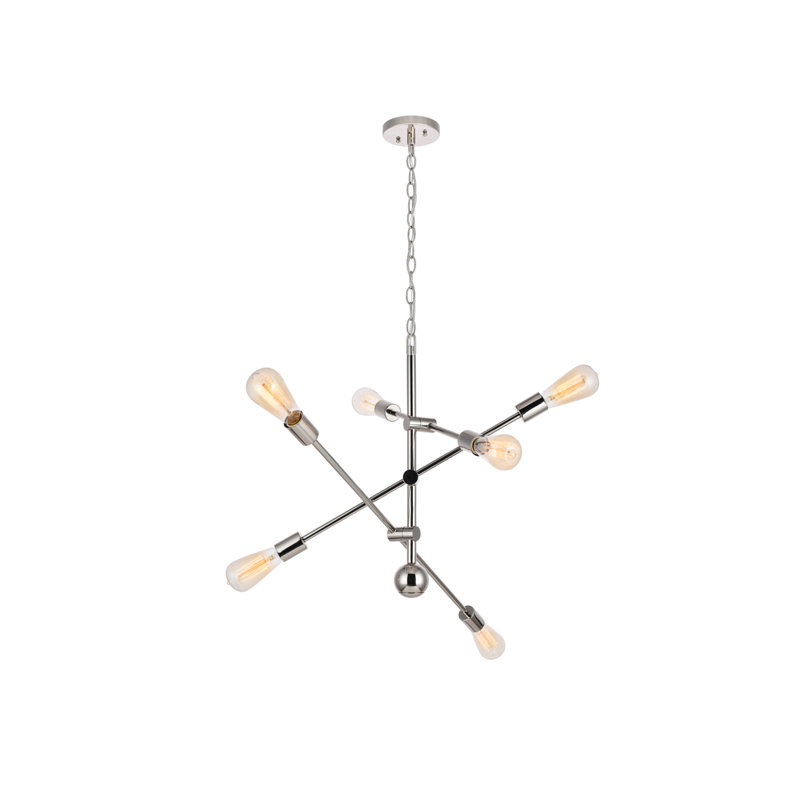 Lustre Spoutnik linéaire moderne Whelchel, Nickel poli, Six lumières, H 21 po x l 29 po x P 29 po