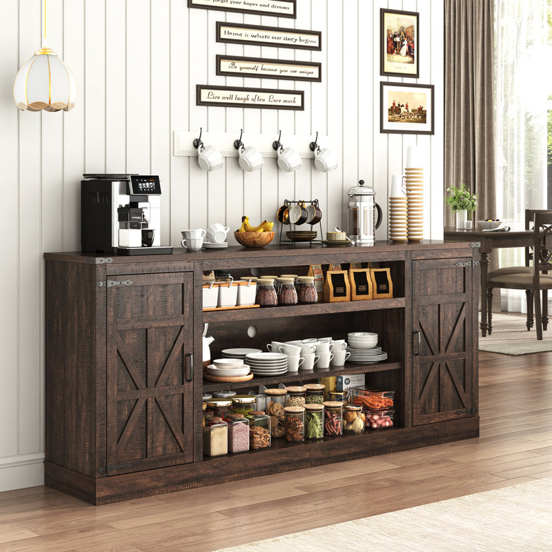 75" Farmhouse Tv Stand With Power Outlets For 75 80 85 Inch Tv, Large Tv Media Console With Storage Cabinets & Adjustable Shelves