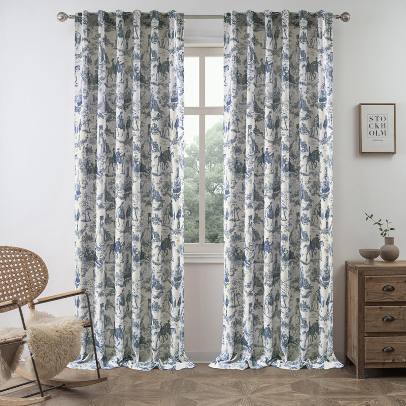 100% Blackout Toile Linen Curtains for Bedroom Double Layer Farmhouse French Country Vintage Printed Pattern Thermal Sound Lined Back Tab Living Room Drapes  2 Panels