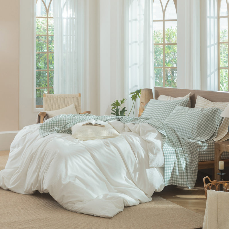 Ensemble de draps MooMee Gingham, Ensemble de draps pour très grand lit avec 2 taie, Vert sauge