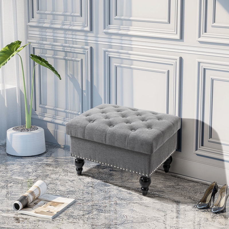 Bouton en lin gris avec couvercle amovible, banc de 25 po pour repose-pieds et siège de salon, garniture cloutée, pieds de rangement en bois attrayants