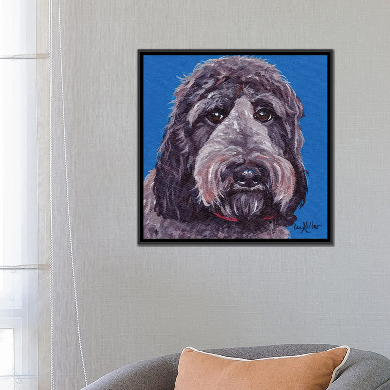 « black labradoodle on blue », impression sur toile, H 18 po x l 18 po x P 1,5 po, Toile avec cadre noir