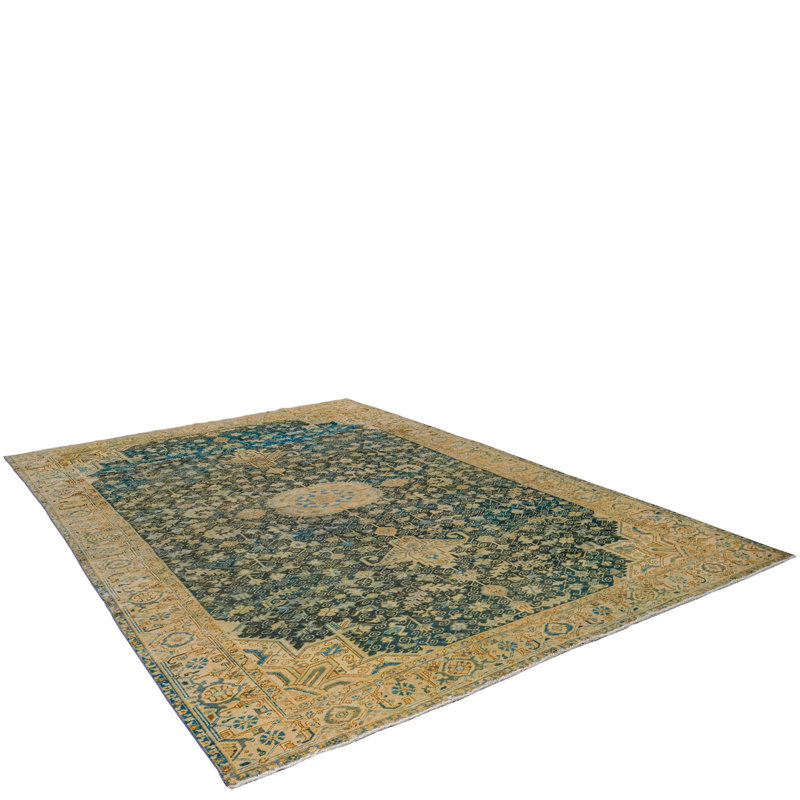 Tapis unique en laine bleu / beige 9 pi 2 po x 13 pi années 1990