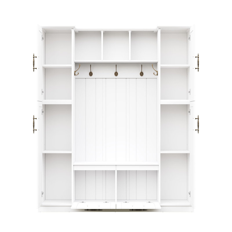 Farmhouse Elegant Hall Tree with 4 Side Cabinets, White