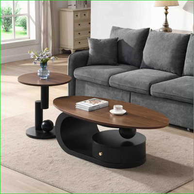 Black Nesting Coffee Table Set of 2 – Oval &amp; Round Living Room Furniture with Storage, Easy Assembly