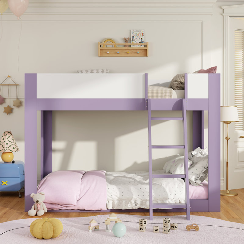 Lit superposé bas simple, en bois, convertible, avec échelle réversible et barrières de sécurité, violet et blanc., Mauve
