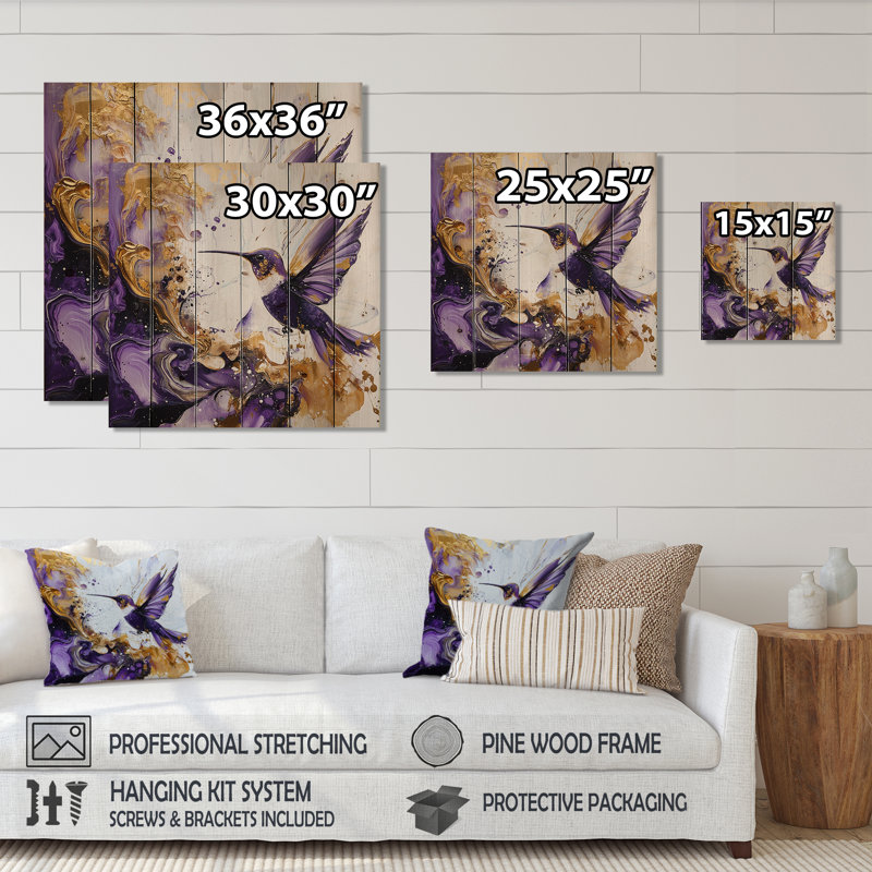 Nectar de colibris mauves dorés - Art mural en bois sur un bois de pin naturel, H 15 po x l 15 po