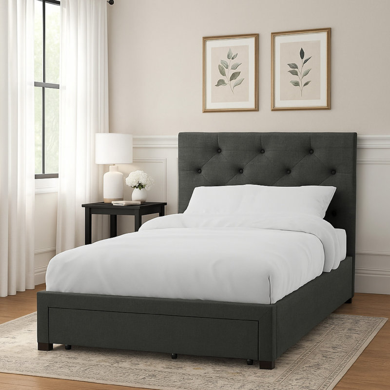 Lit Sya avec capitonnage à boutons et rangement sous le lit, Simple, Gris foncé