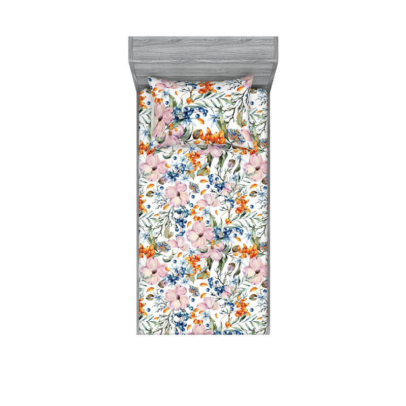 Drap-housse et taies décoratives 3 pièces Ambesonne, Rose, orange, ardoise, bleu / floral
