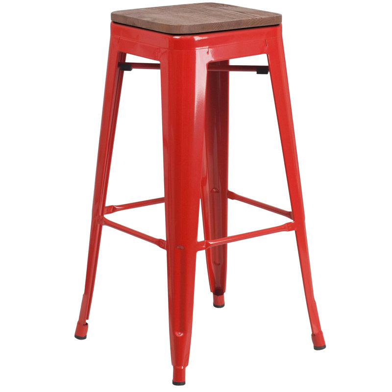 Tabouret de bar en métal sans dossier de 30 po de hauteur avec siège carré en bois Margherite, Rouge, 30"