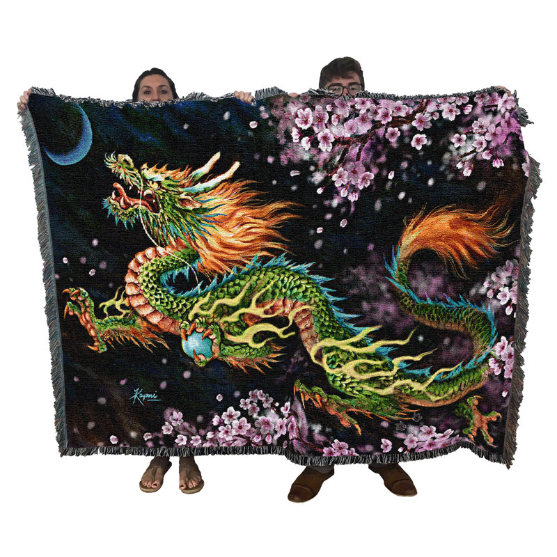 Dragon Spirit Cotton Woven Throw Blanket with Cherry Blossoms