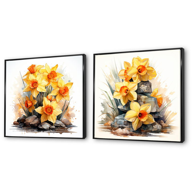Jaune jonquille Gardn Beauty I - ensemble de 2 décorations murales jonquille, Cadre noir, H 30 po x l 61 po x P 1 po