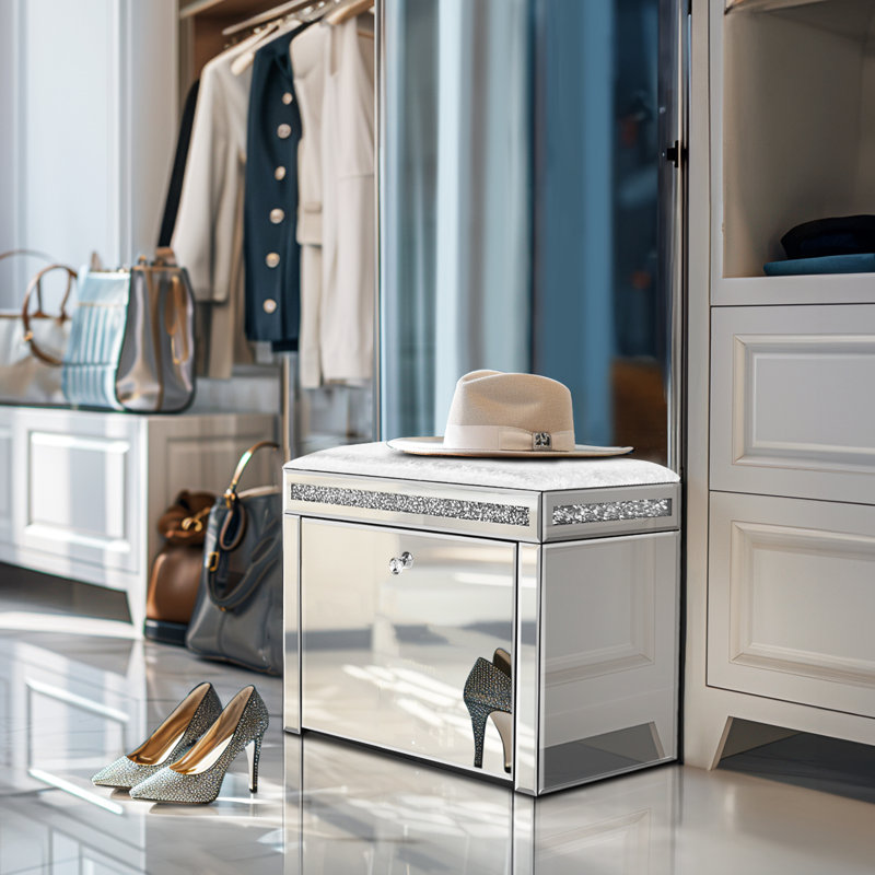 Banc de rangement à chaussures pré-assemblé en miroir avec tiroir rabattable argent