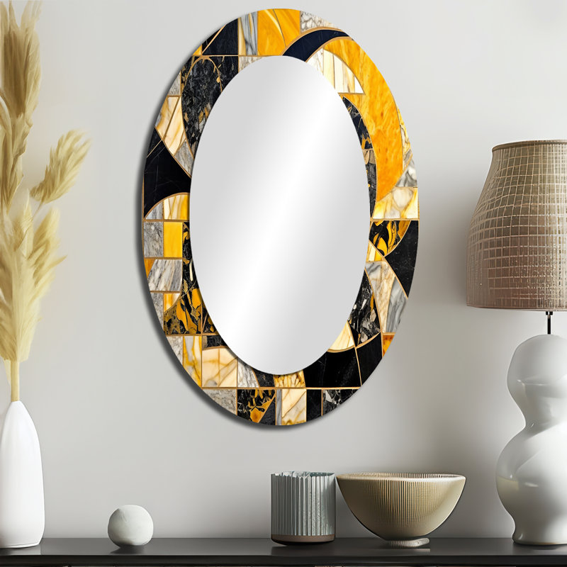 Gold And Black In Motion II - Abstract Oval Decorative Mirror On Metal, 36" x 24"