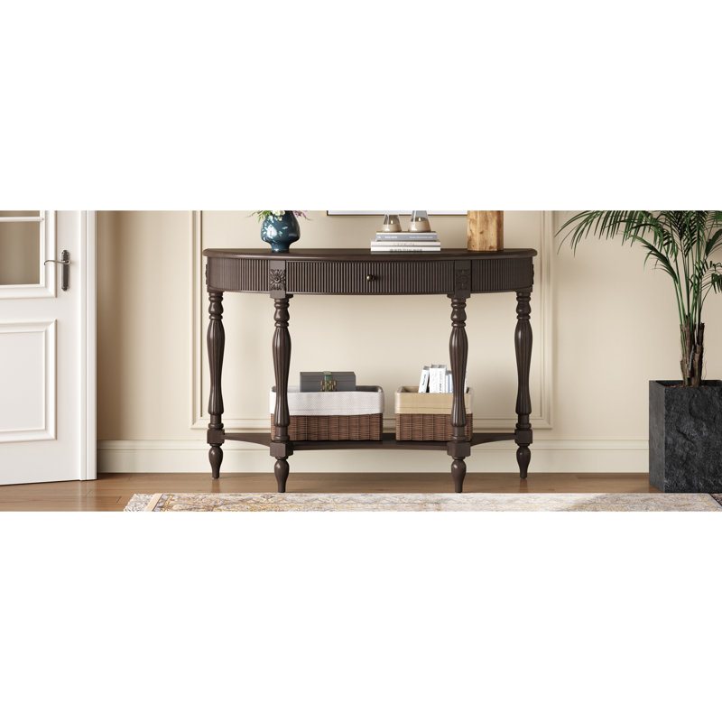 Console demi-lune en bois massif avec tiroir et tablette, Deep Rustic Brown