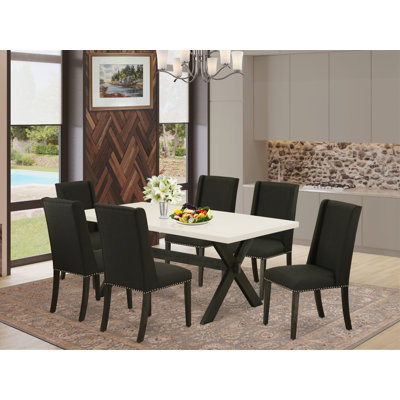 Ensemble de table de salle à manger 7 pièces moderne composé d'une table rectangulaire en bois avec pieds en X et 6 chaises de salle à manger Parson