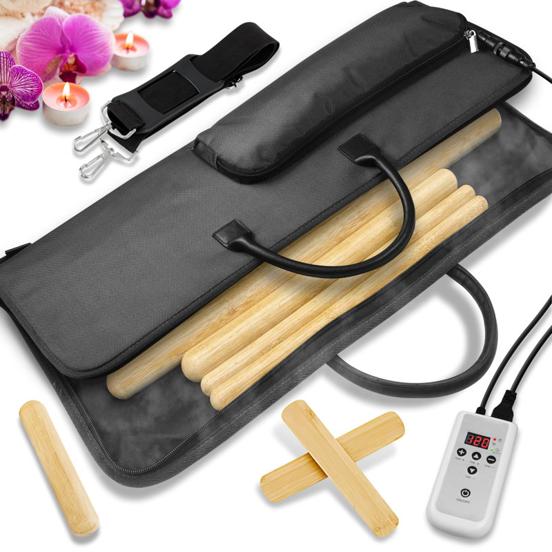 Ensemble de réchauds en bambou Serenelife avec sac de chauffage portatif, ensemble de thérapie chauffante électrique professionnelle avec régulateur de température numérique, 8 bâtons de massage en bambou (noir)