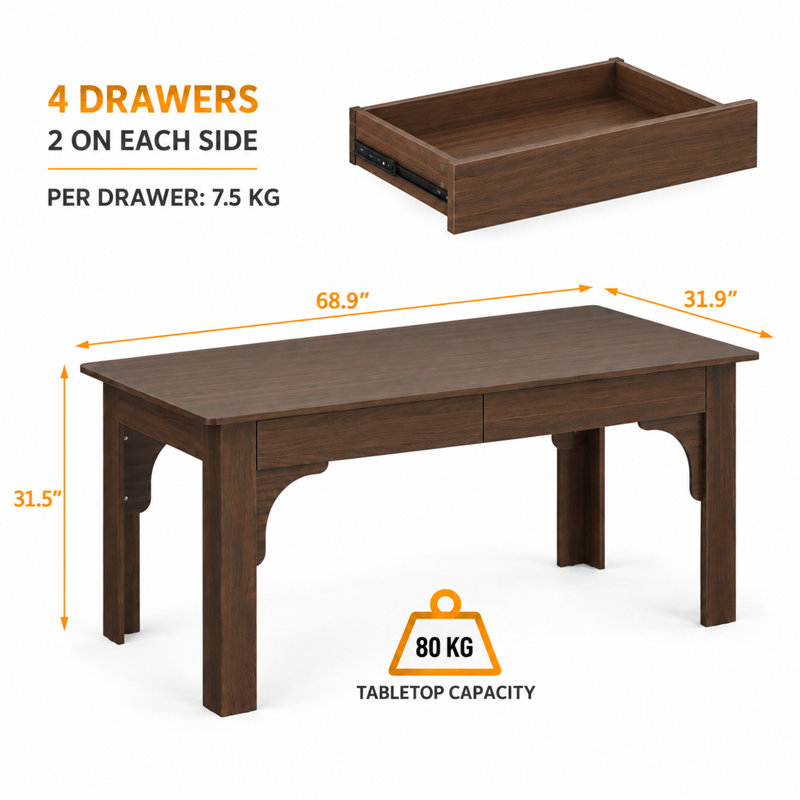 Hilda 69'' Executive Writing Desk With 4 Drawers, Walnut Wood Grain Finish, 4-Drawers