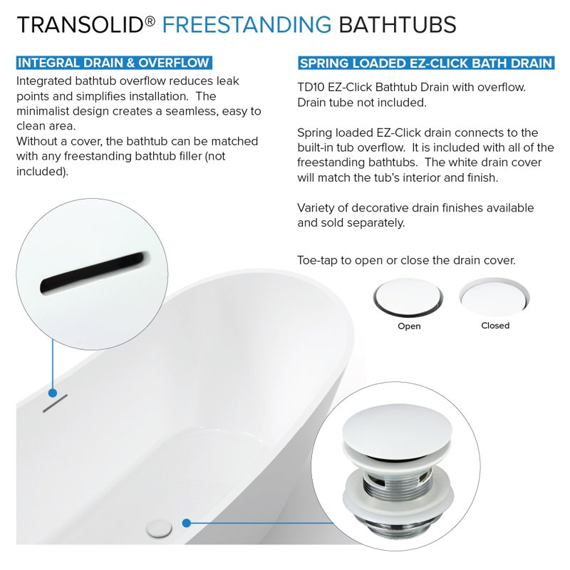 Transolid 66.875 L x 31.125 W x 23.25 H Freestanding Bathtub, In White