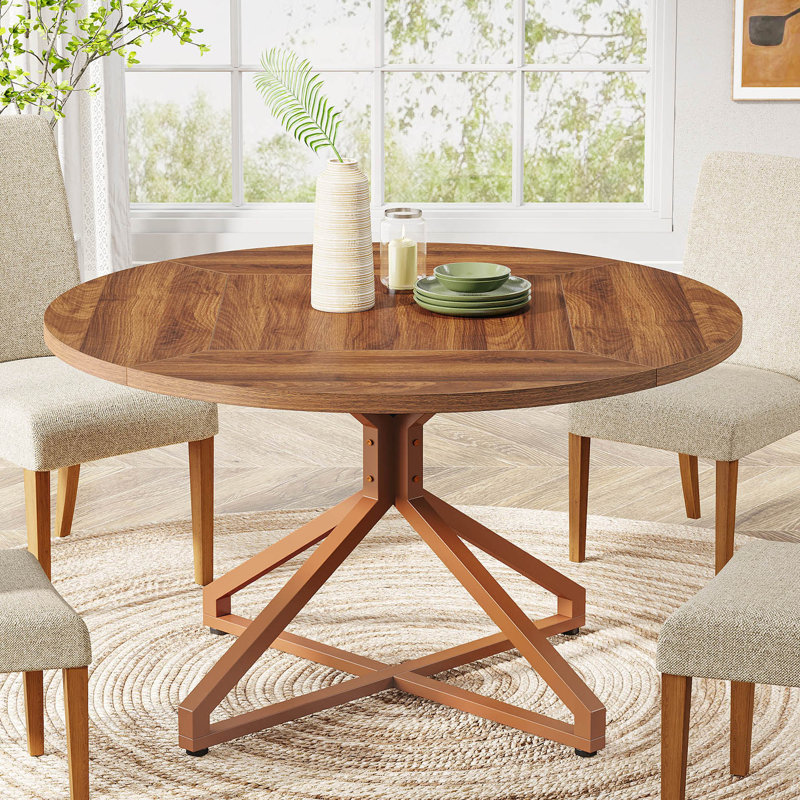 Brown Round Wood Dining Table with Metal Pedestal Base