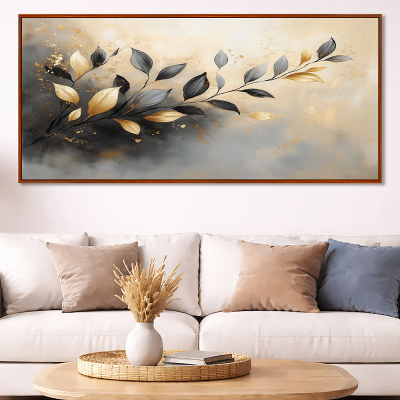 Branche de murmure doré - Tableau botanique encadré sur toile, H 12 po x l 20 po, Cadre photo noir