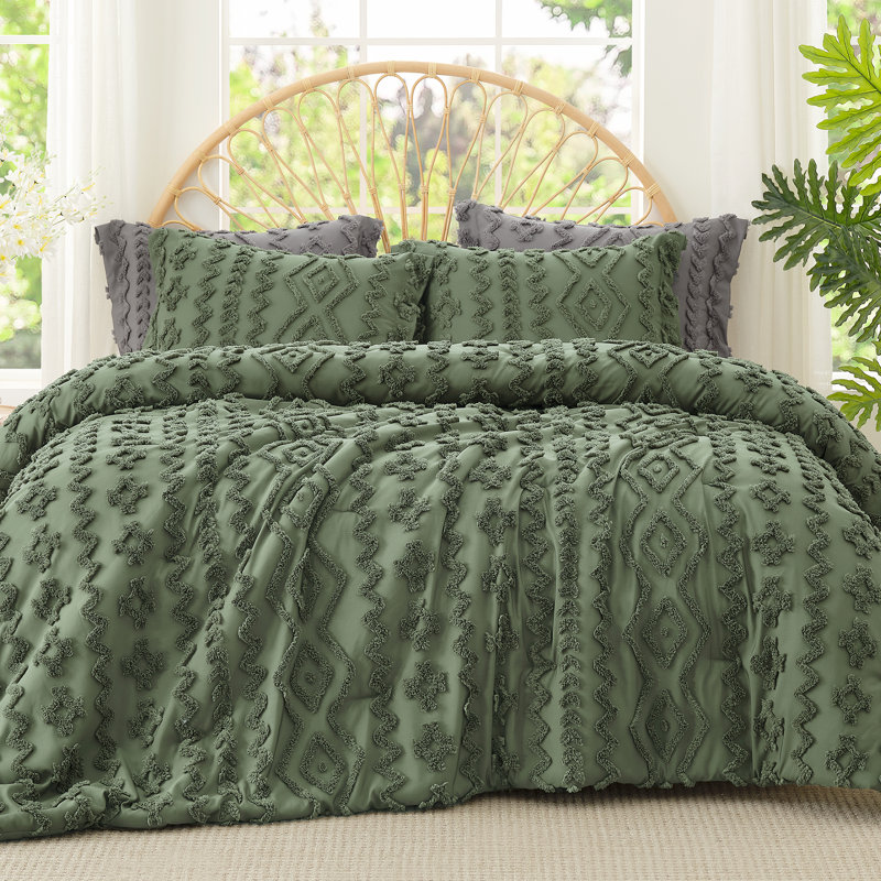 Ensemble d'édredon léger texturé Boho, Édredon Quen + 2 taies d'oreiller standard, Vert