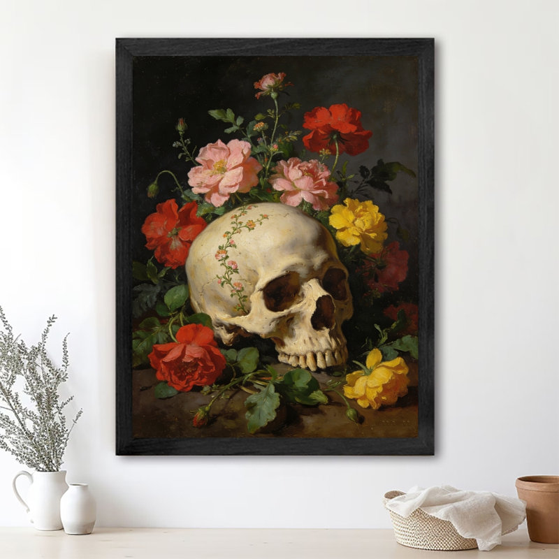 «Black», fleurs rétro encadrées de crânes humains, art mural foncé, impressions encadrées, H 37 po x l 25 po
