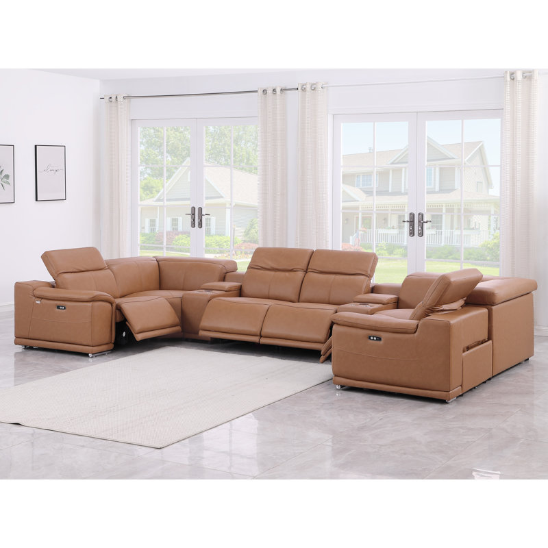 Canapé modulaire en cuir italien 4 pièces Jignesh, Cuir véritable cognac