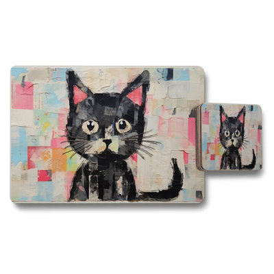 Black Cat Artwork Placemat And Coaster Set With Abstract Patchwork Design