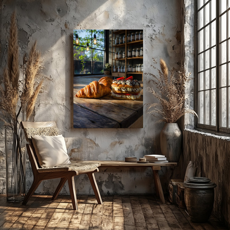 Toile, "Cosy Rustic Bakery Scène", avec deux croissants dorés et une décadente recouverte de crème fouettée, H 12 po x l 9 po