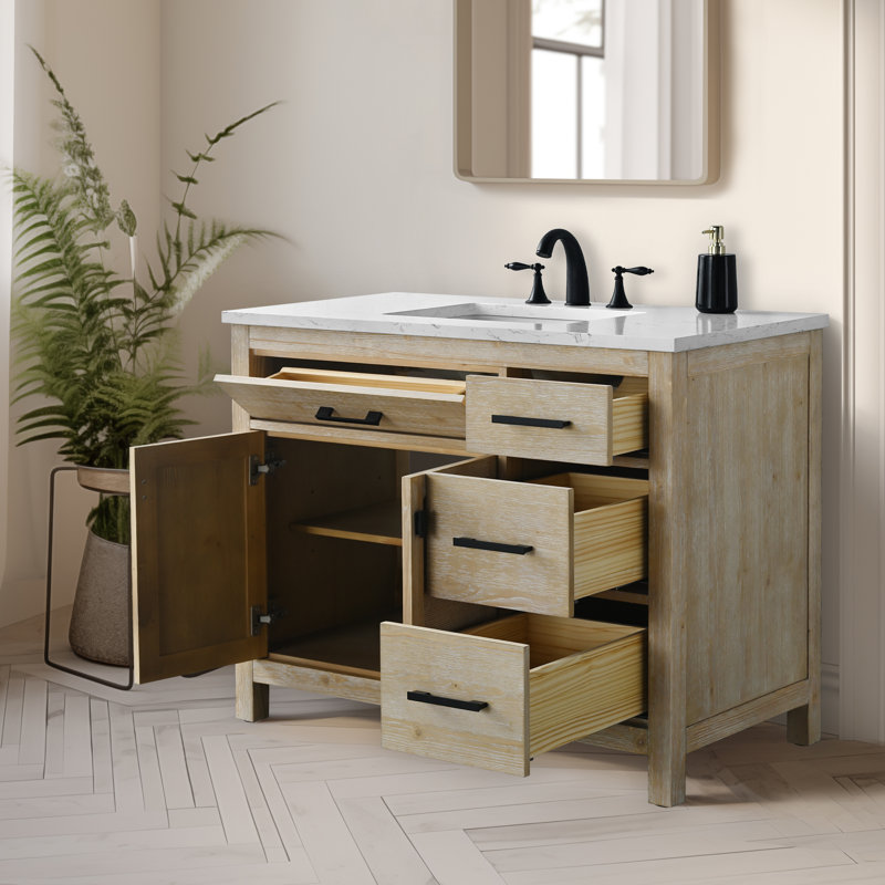 Meuble-lavabo simple 42 po avec plateau en pierre Marquist,  Essence de sapin clair