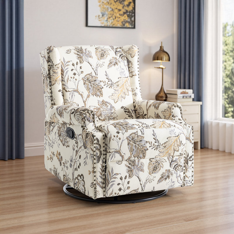 Upholstered Classic Wing Back Manual Handle Swivel Rock Glider Recliner with Naihead Trims, Plants Beige