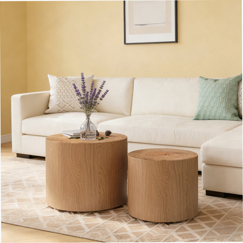 Nesting Coffee Table Set of 2, Modern Round Coffee Table, Wooden Circle Accent Tables for Small Spaces Living Room Bedroom Balcony Office Drum Side Table, Natural Wood with Real Tree Ring