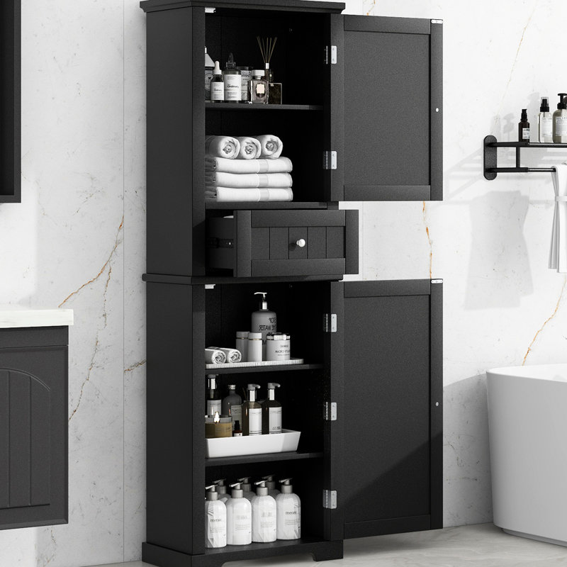 Grande armoire de salle de bain noire avec tablette réglable et tiroir inférieur visible latéral