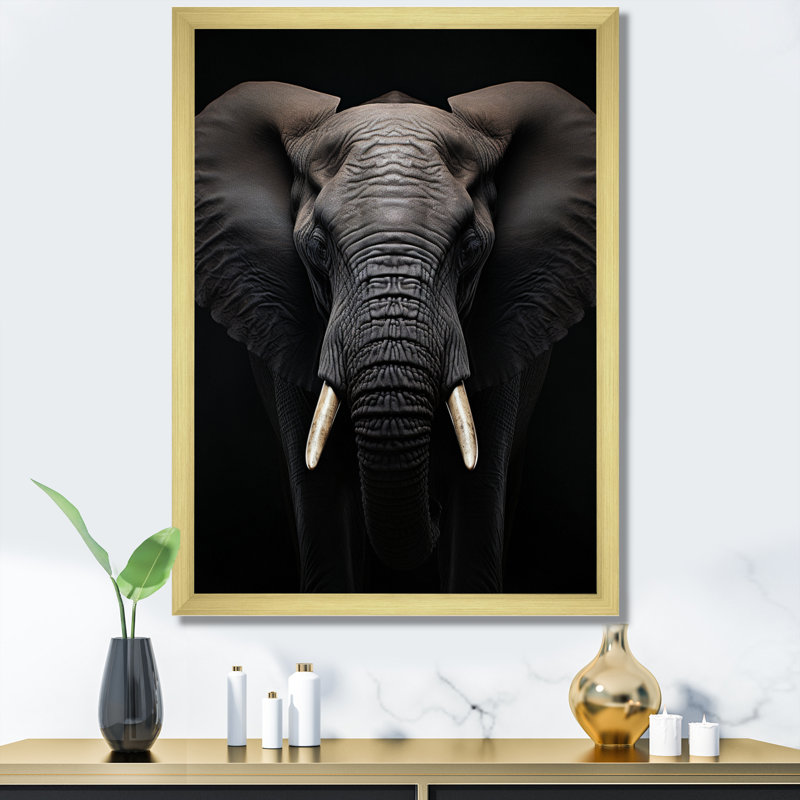 Éléphant noir et blanc «Hine» - Impression, H 32 po x l 16 po x P 1 po, Encadrement doré
