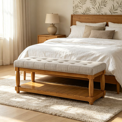 44" W Mid-Century Tufted Upholstered Bench with Storage Shelf