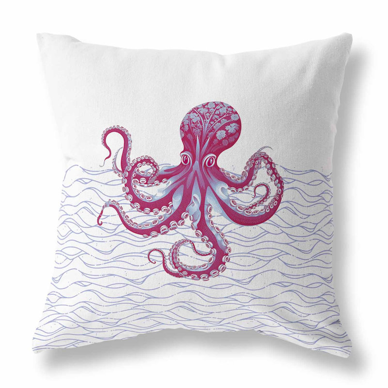 Coussin Oceanic Octo Art, H 26 po x l 26 po, Blanc / rose vif