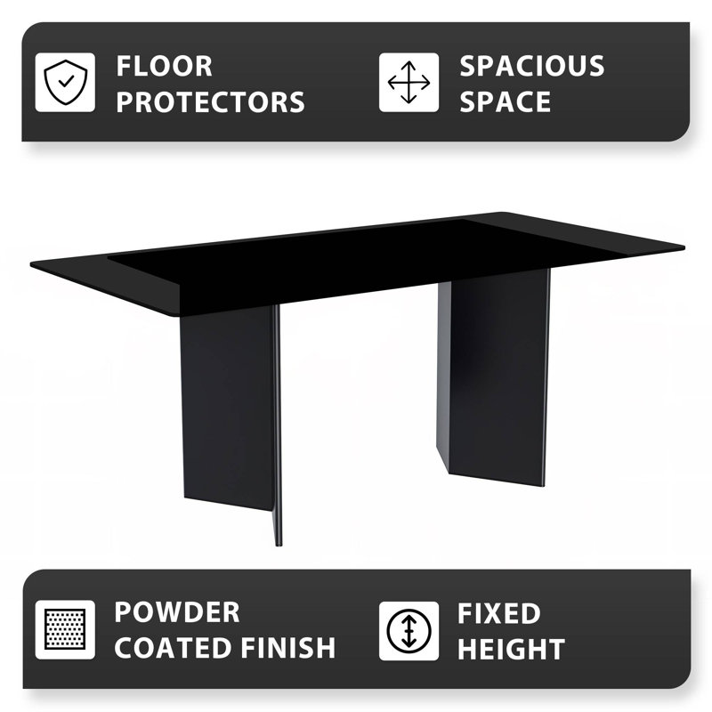 Rectangular Black Glass Dining Table with Stainless Steel Base
