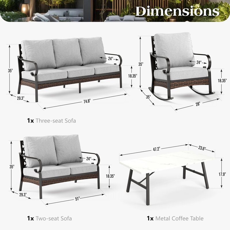 Ensemble de conversation pour l'extérieur 7 personnes avec causeuse et chaises berçantes, Gris clair