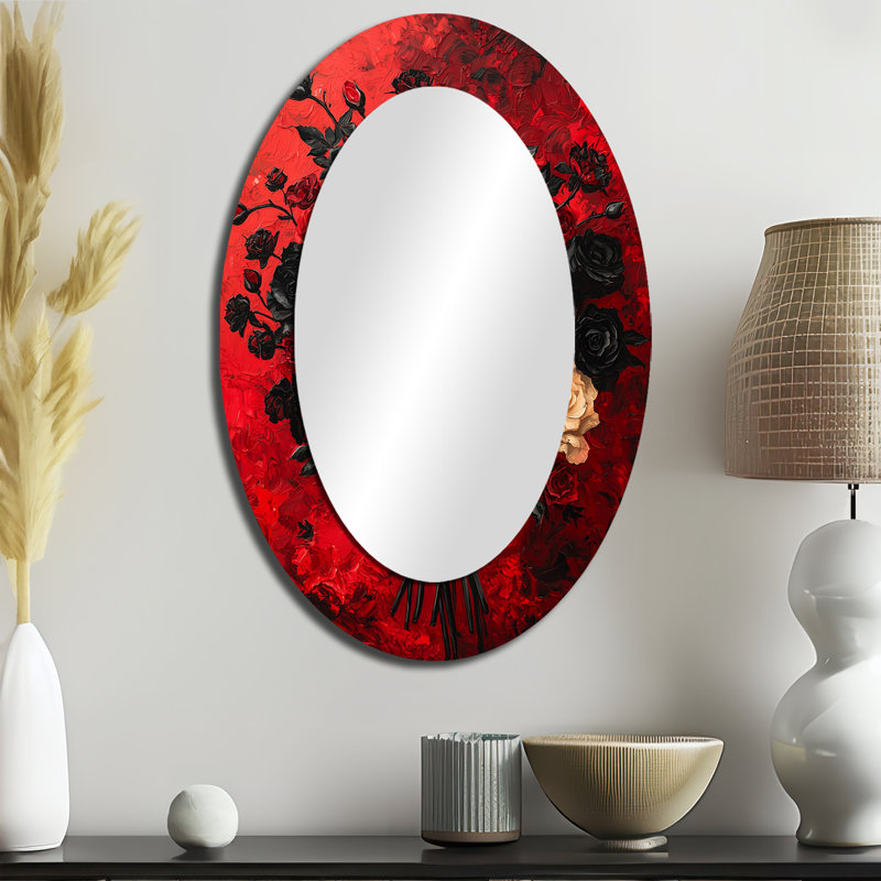 Abstrait abstrait bouquet de roses gothique foncé III - miroir mural ovale noir, 36 po x 24 po