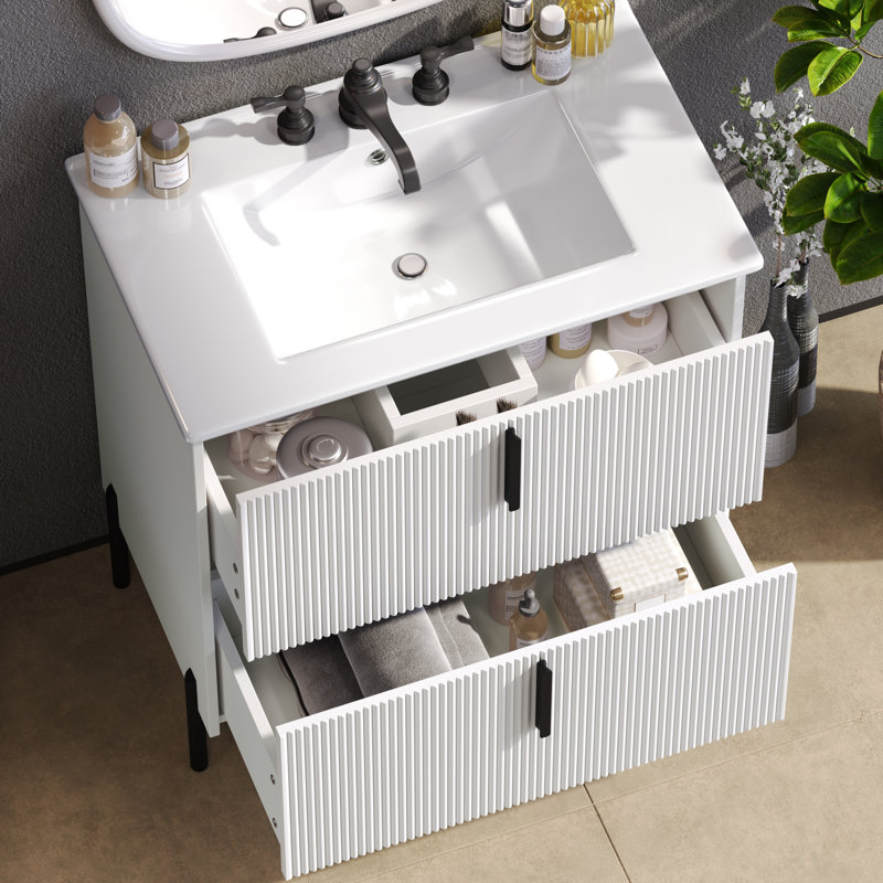 Brinlo 30" Freestanding Bathroom Vanity With Fluted Drawer Fronts And Ceramic Sink, White