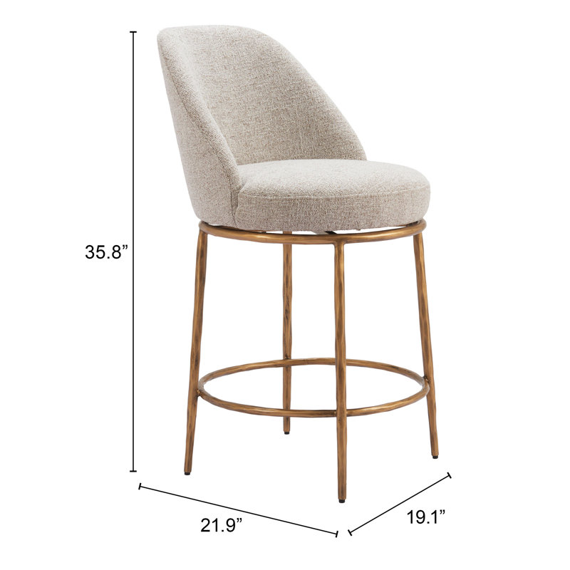 Crush Swivel Bar Stool, Counter Stool (24.4” Seat Height), Beige Fabric/ Gold Frame