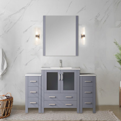 54 po W Gris foncé pour salle de bain avec armoires latérales, comptoir en céramique, robinet et miroir mural de 28 po